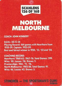 1989 Scanlens VFL #126 John Kennedy Back